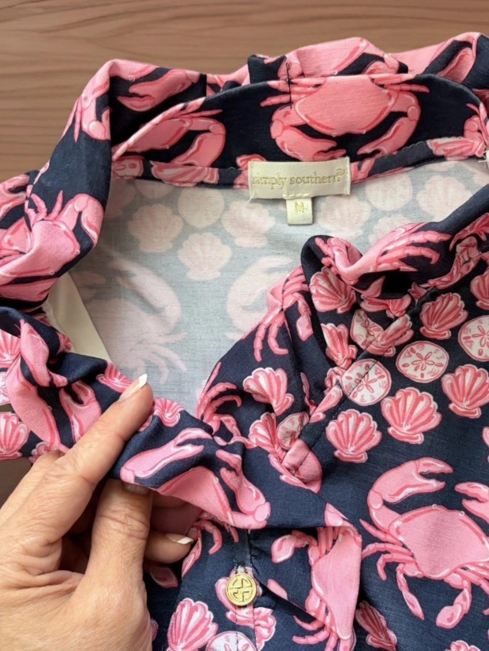 SIMPLY SOUTHERN Dress Womens Medium Navy Pink Crab Shell Print Ruffle Neck Midi - Picture 3 of 9